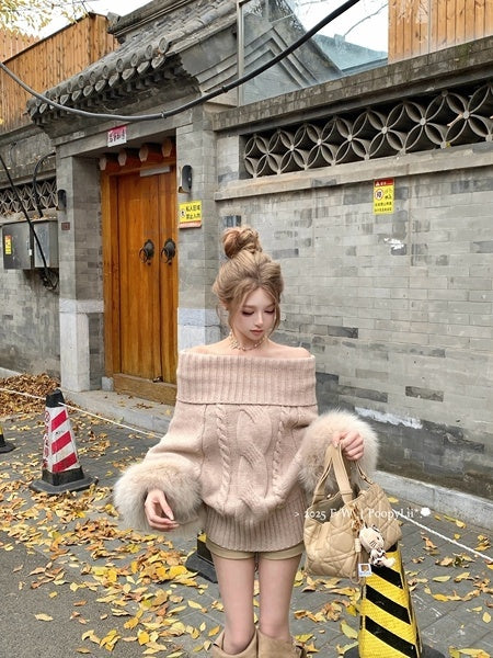 PoopyLii_Vintage_Cable_Knit_Stand_Collar_Women's_Fox_Fur_Turtleneck_Sweaters_1006837278110_MISSTT
