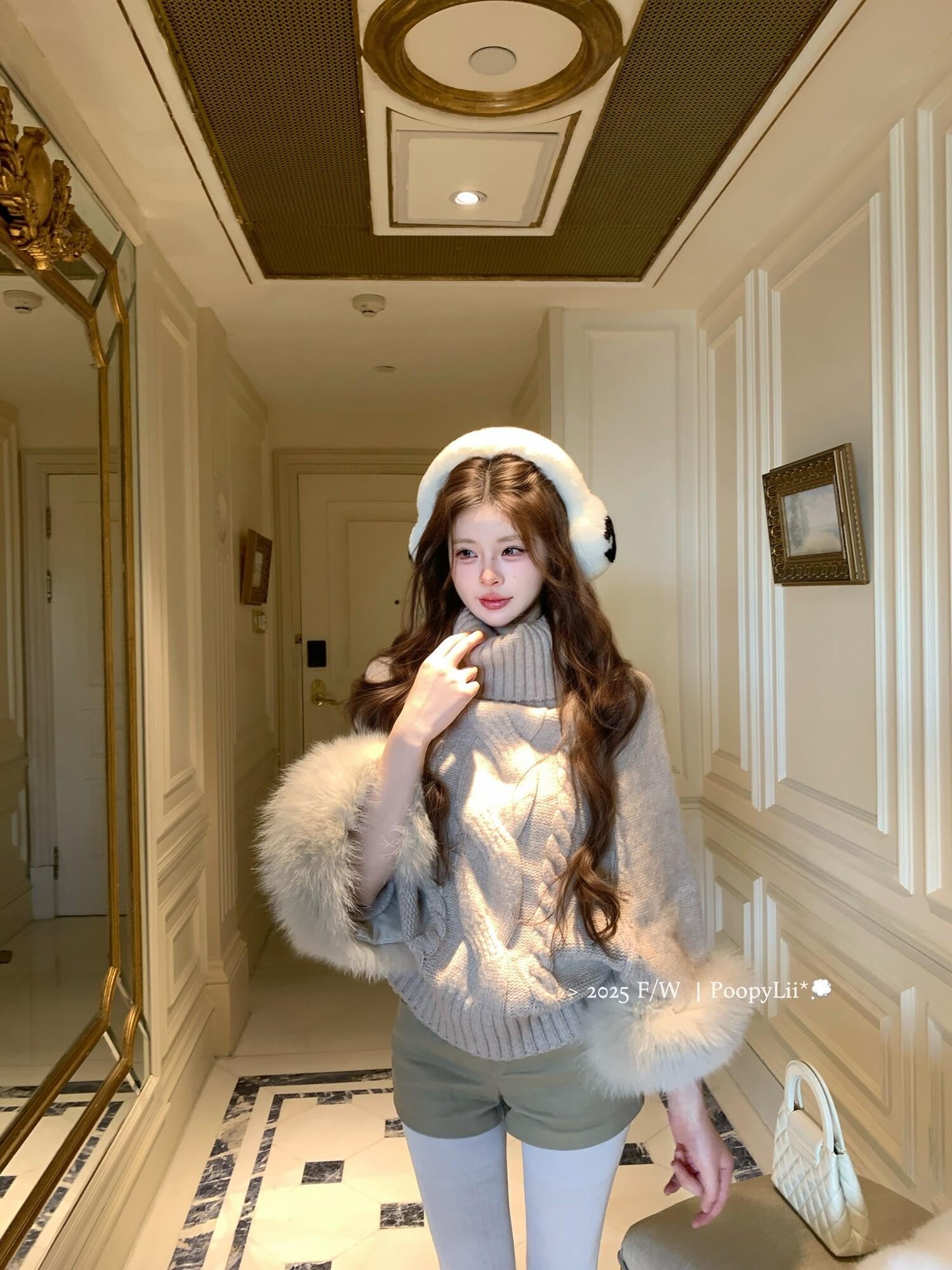PoopyLii Vintage Cable Knit Stand Collar Women's Fox Fur Turtleneck Sweaters