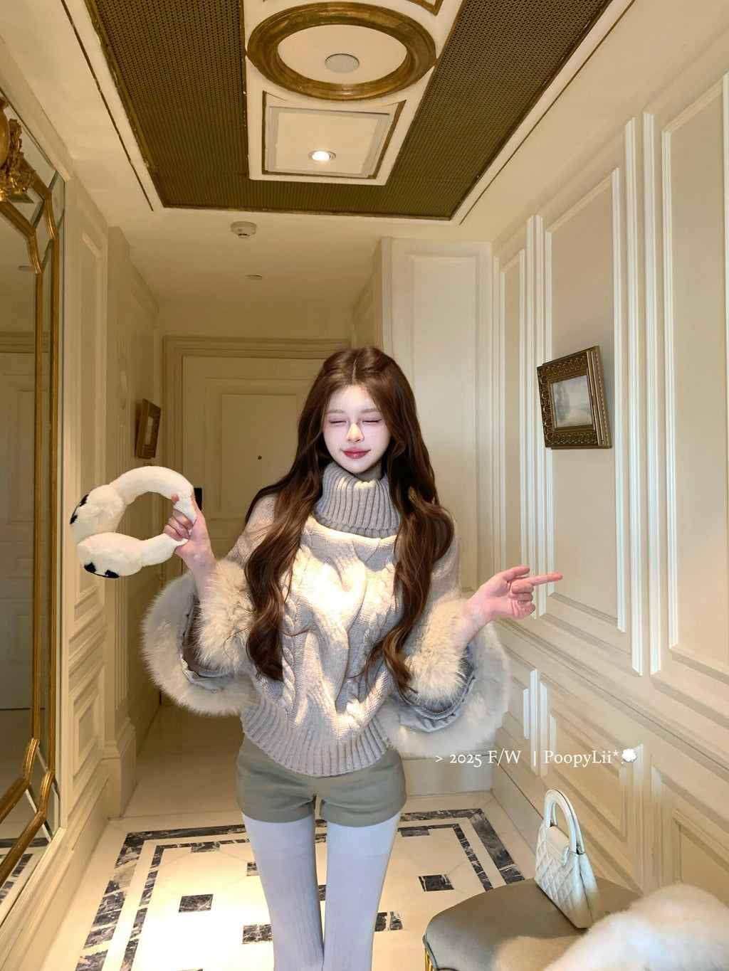 PoopyLii Vintage Cable Knit Stand Collar Women's Fox Fur Turtleneck Sweaters