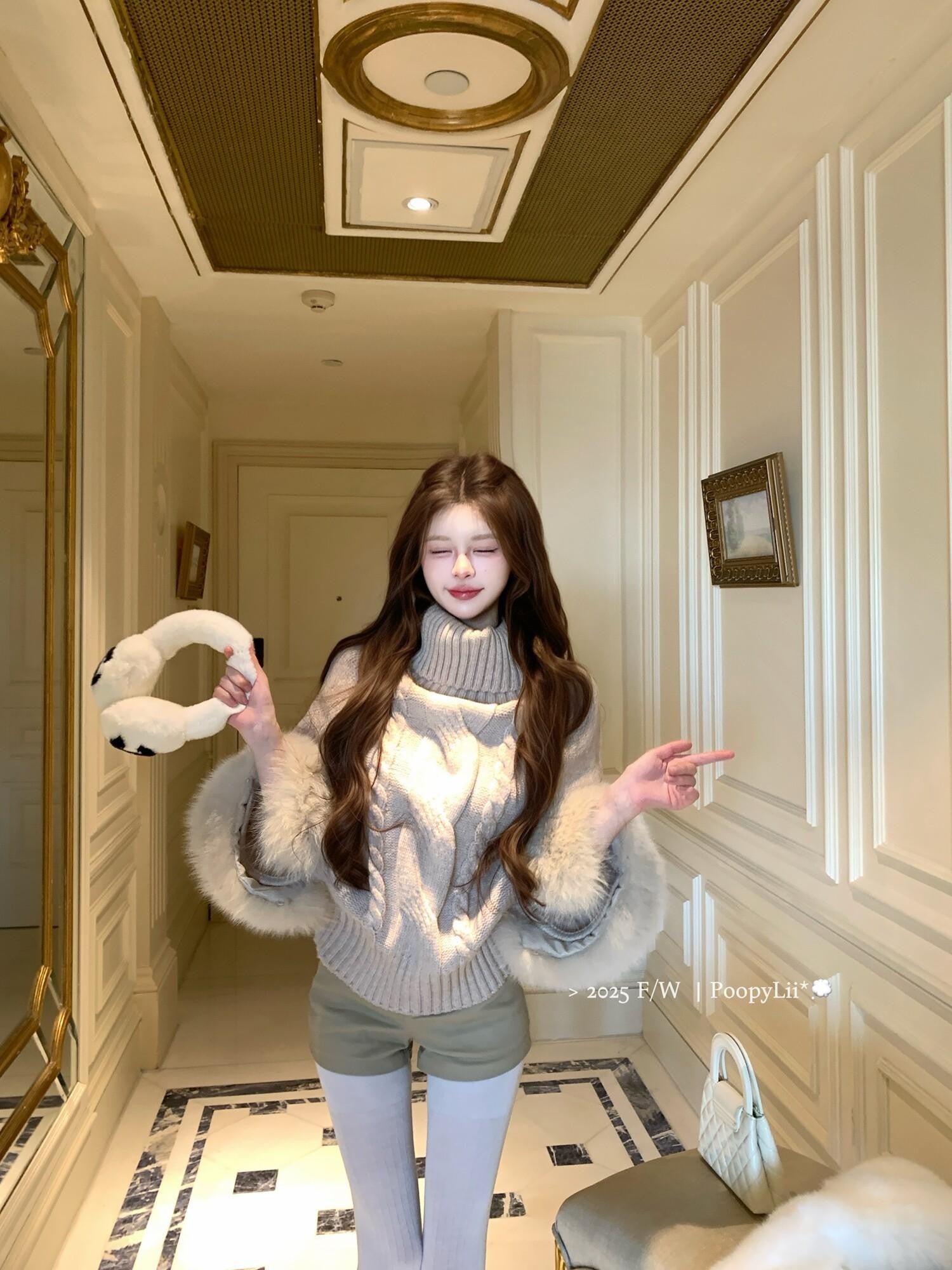 PoopyLii Vintage Cable Knit Stand Collar Women's Fox Fur Turtleneck Sweaters