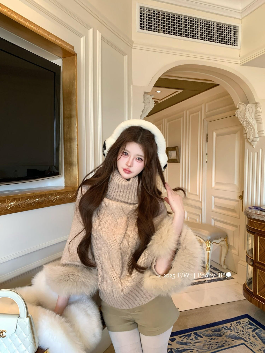 PoopyLii Vintage Cable Knit Stand Collar Women's Fox Fur Turtleneck Sweaters