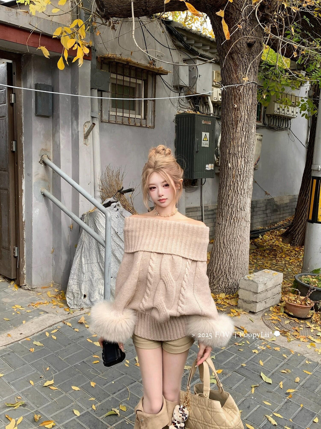 PoopyLii Vintage Cable Knit Stand Collar Women's Fox Fur Turtleneck Sweaters