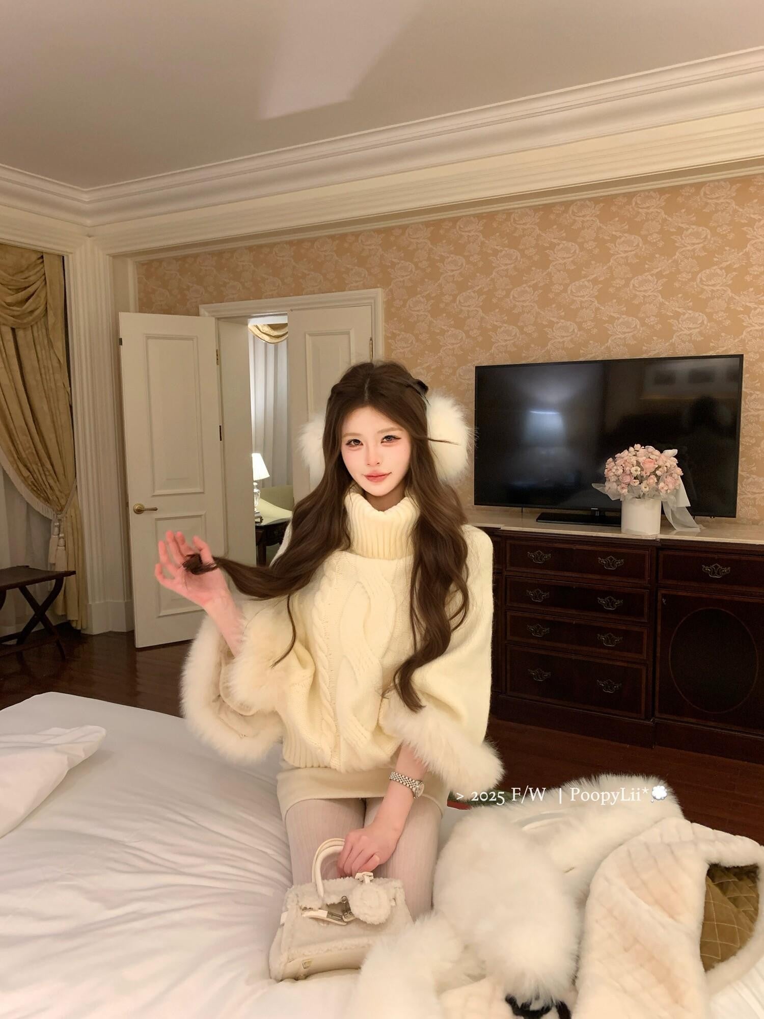 PoopyLii Vintage Cable Knit Stand Collar Women's Fox Fur Turtleneck Sweaters