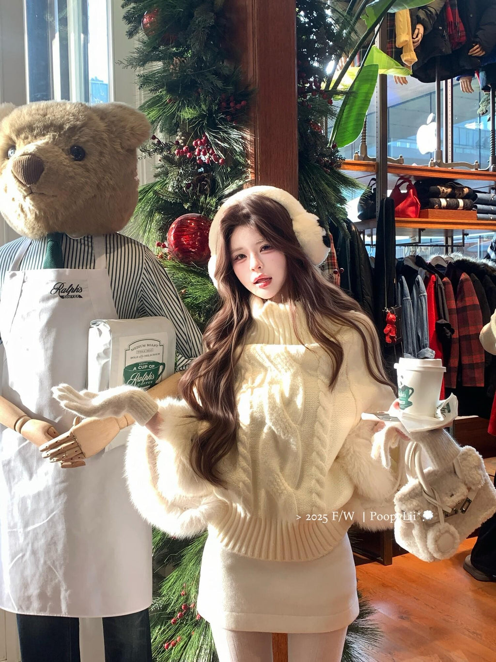 PoopyLii Vintage Cable Knit Stand Collar Women's Fox Fur Turtleneck Sweaters
