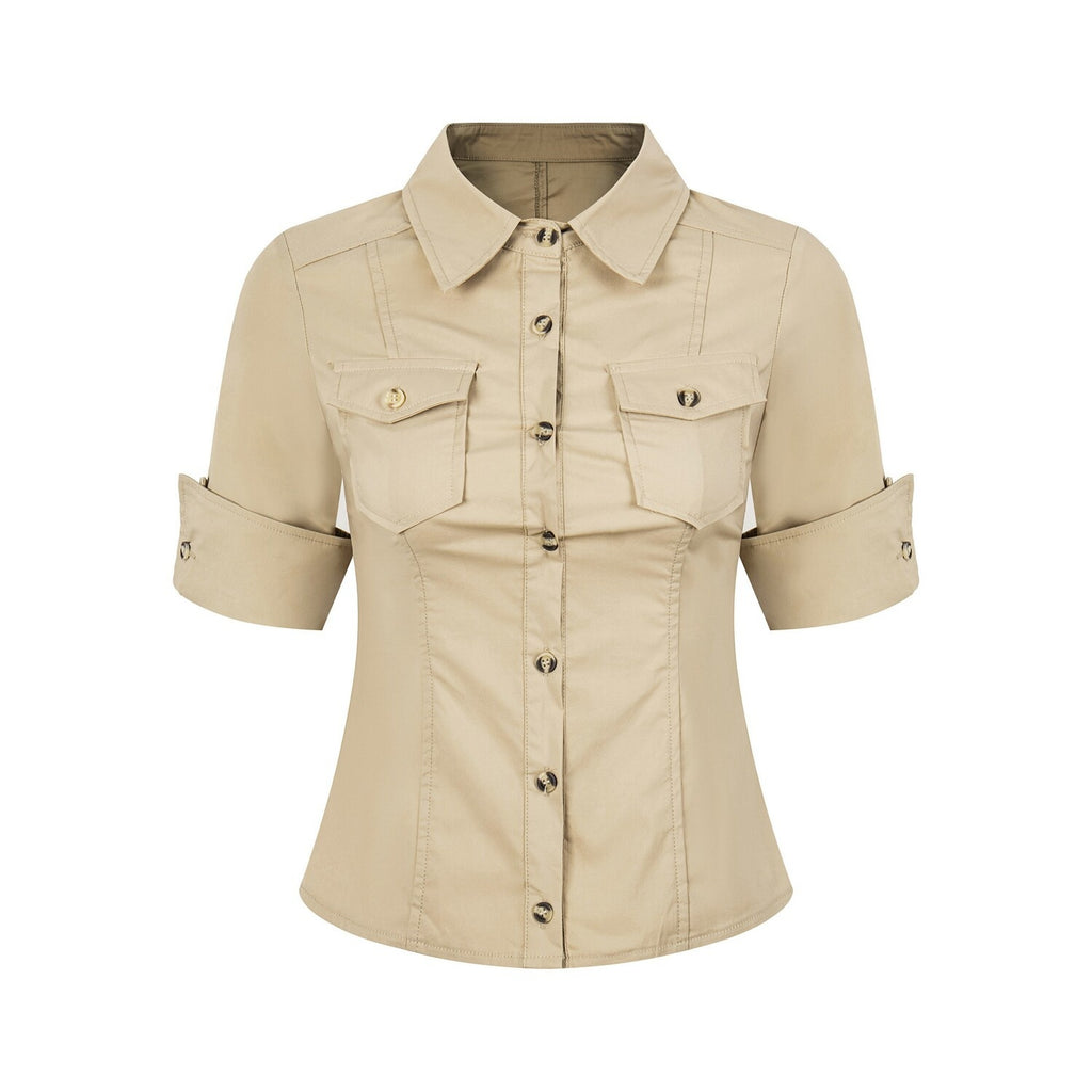 PoopyLii_Vintage_Cinched_Waist_Workwear_Turn_Down_Collar_Women's_Short_Sleeve_T-shirts_1057093633067_MISSTT