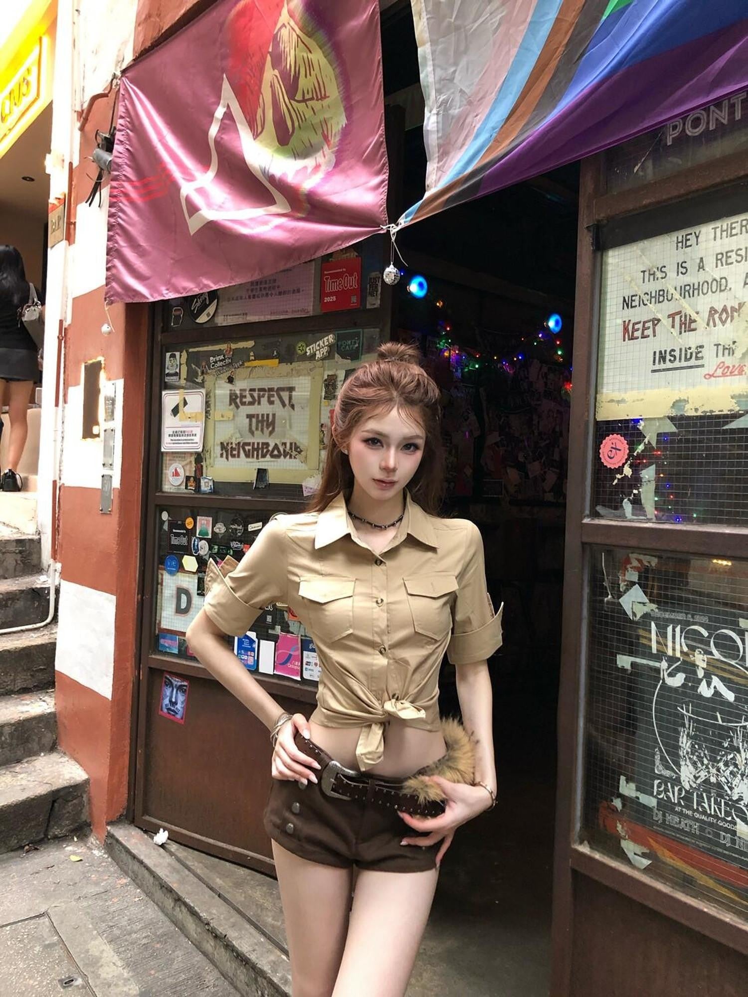 PoopyLii Vintage Cinched Waist Workwear Turn Down Collar Women's Short Sleeve T-shirts