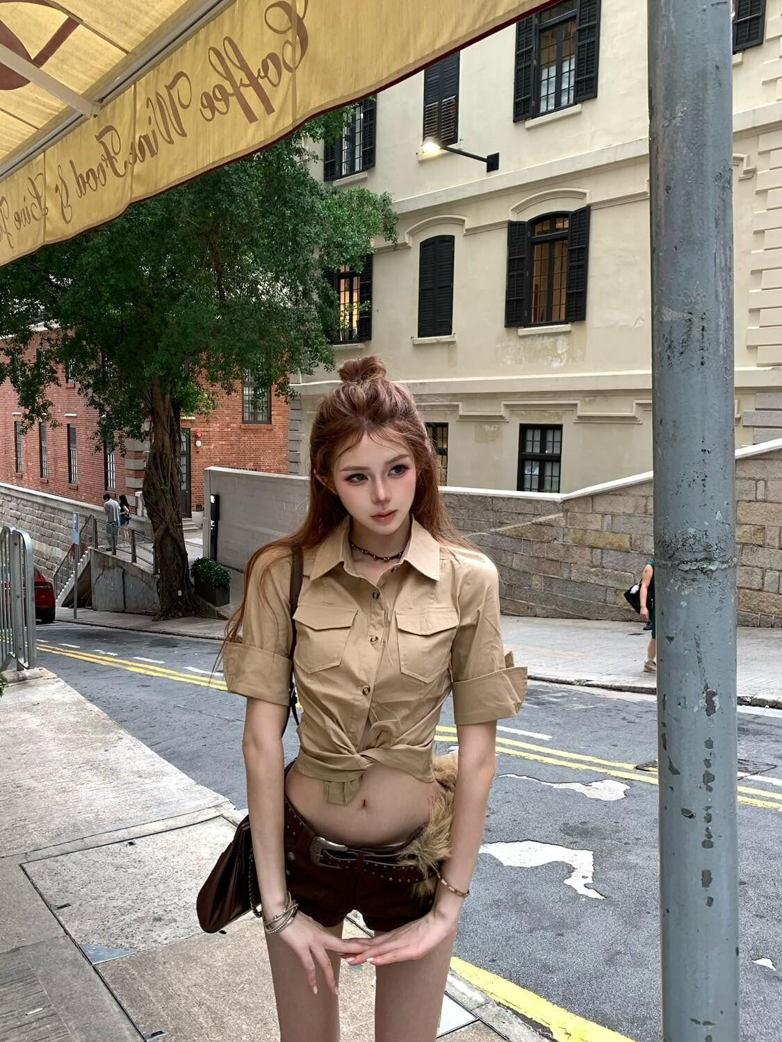 PoopyLii Vintage Cinched Waist Workwear Turn Down Collar Women's Short Sleeve T-shirts
