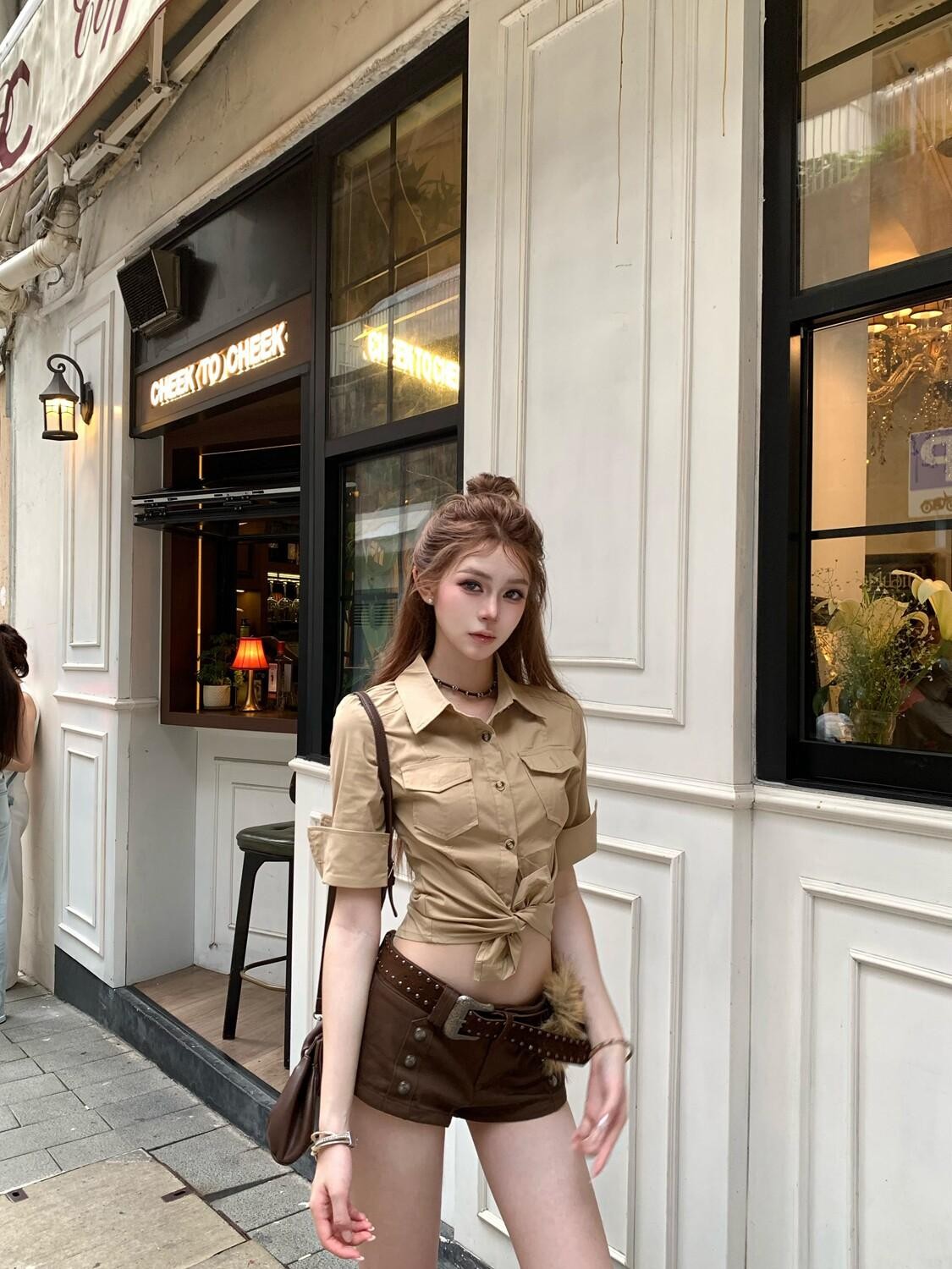 PoopyLii Vintage Cinched Waist Workwear Turn Down Collar Women's Short Sleeve T-shirts