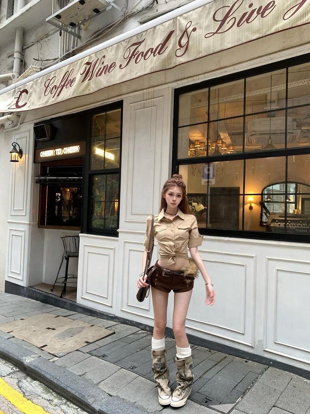 PoopyLii Vintage Cinched Waist Workwear Turn Down Collar Women's Short Sleeve T-shirts
