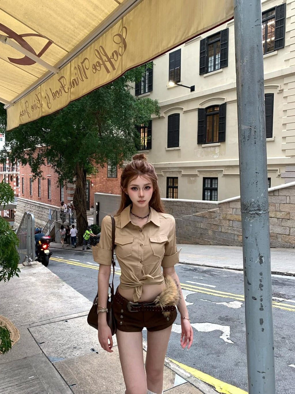 PoopyLii Vintage Cinched Waist Workwear Turn Down Collar Women's Short Sleeve T-shirts