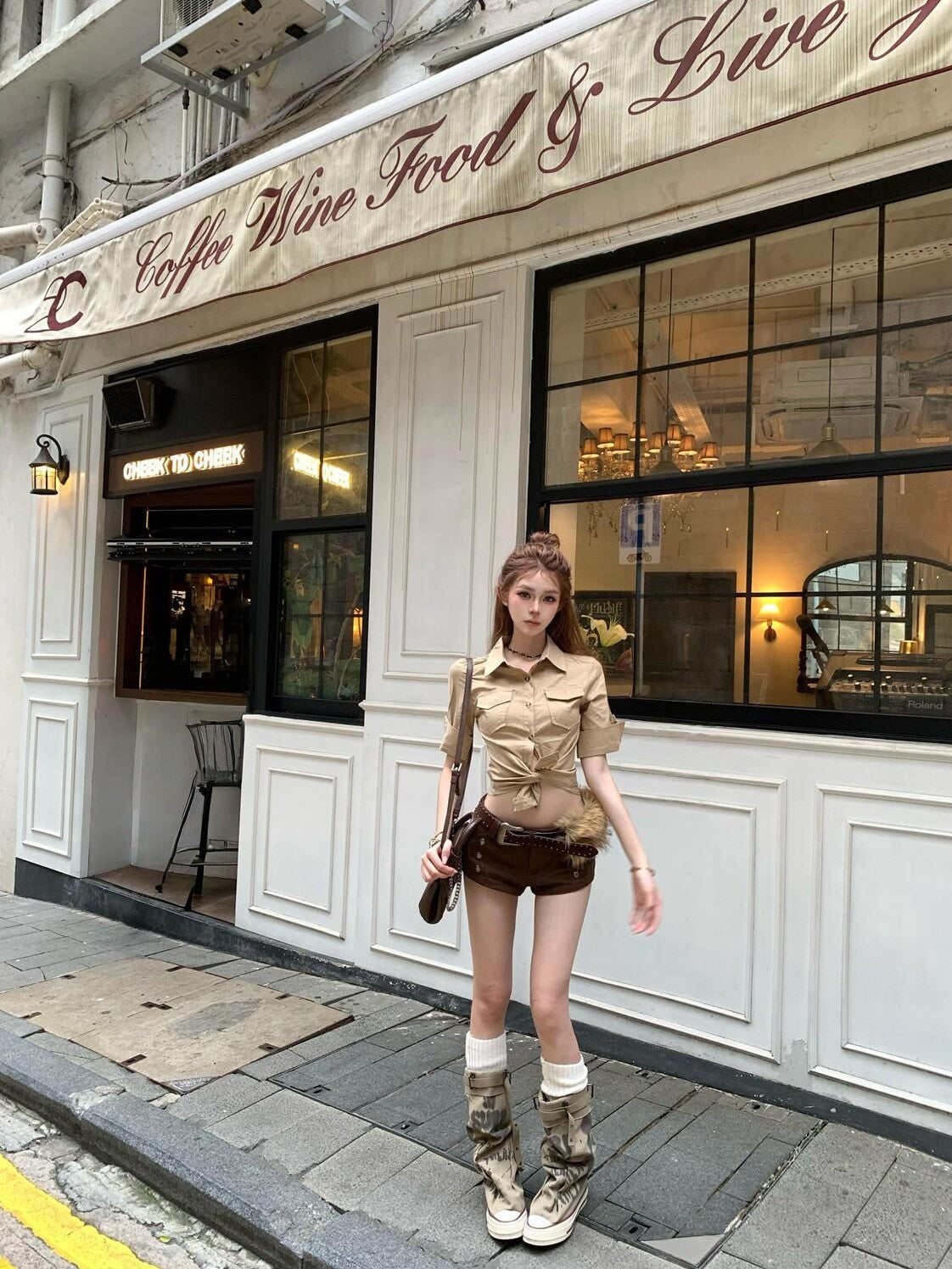 PoopyLii Vintage Cinched Waist Workwear Turn Down Collar Women's Short Sleeve T-shirts