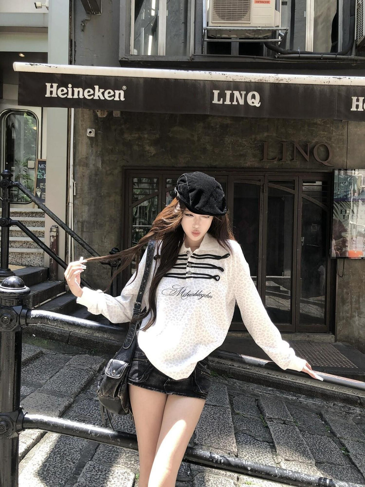 PoopyLii Vintage Colorblock Leopard Print Loose Oversized Women's Long Sleeve T-shirts