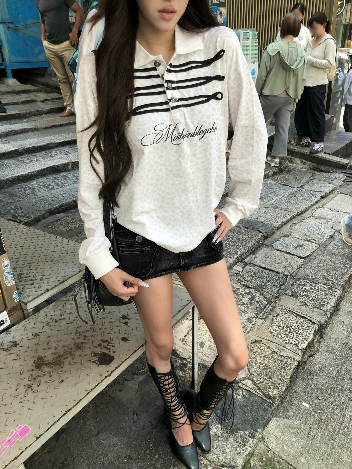 PoopyLii Vintage Colorblock Leopard Print Loose Oversized Women's Long Sleeve T-shirts