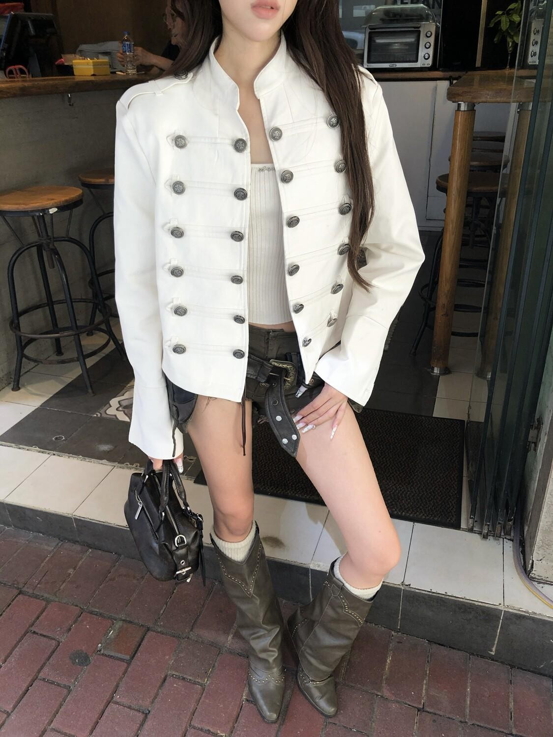 PoopyLii Vintage Court Stand Collar Button Front Cropped Women's Boucle Tweed Jackets