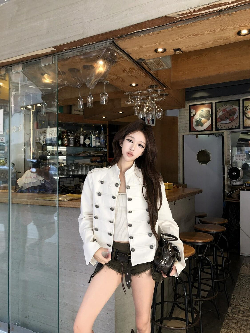 PoopyLii Vintage Court Stand Collar Button Front Cropped Women's Boucle Tweed Jackets