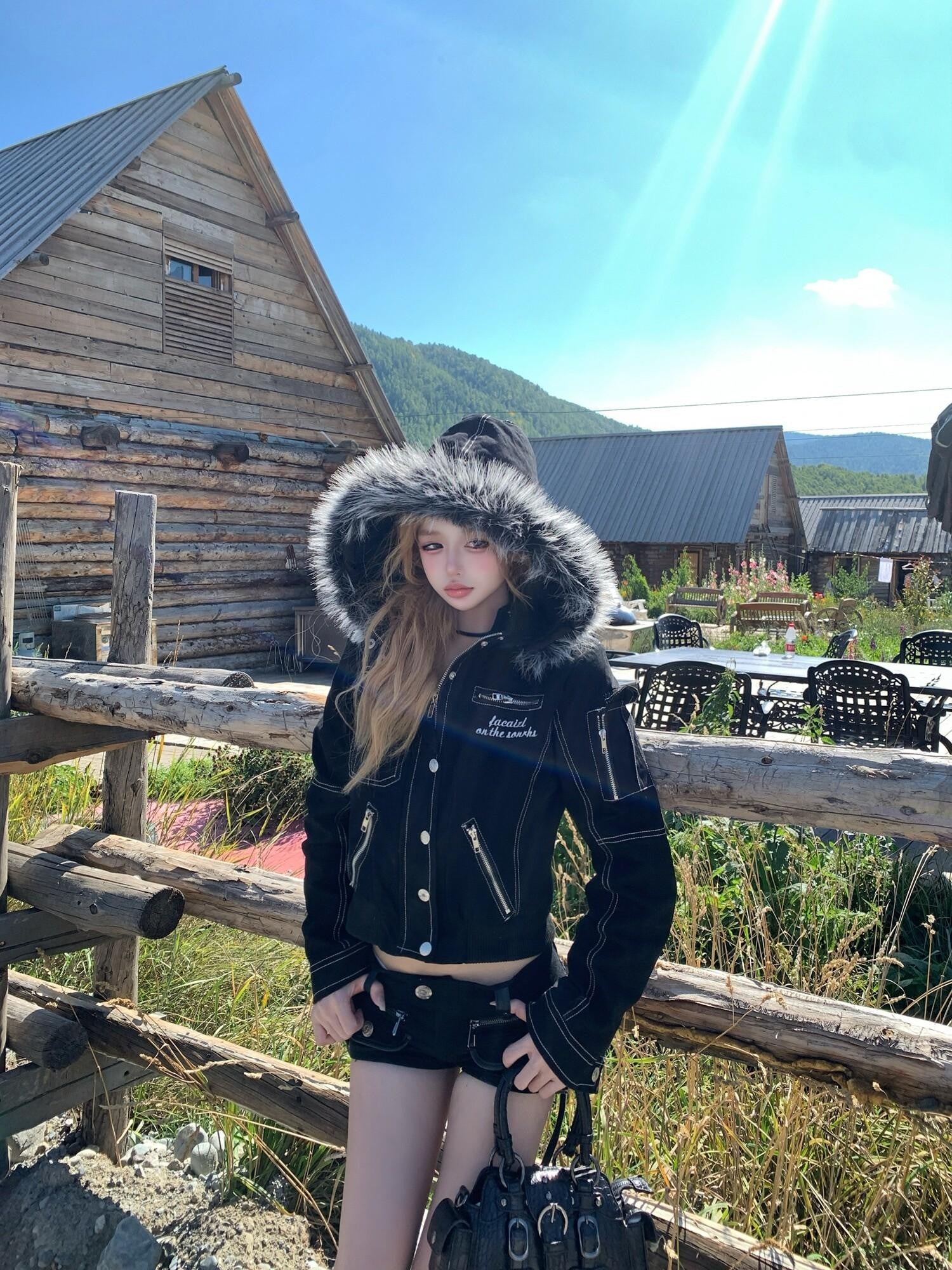 PoopyLii Vintage Embroidered Zipper Hooded Fur Collar Women's Cotton Cropped Jackets