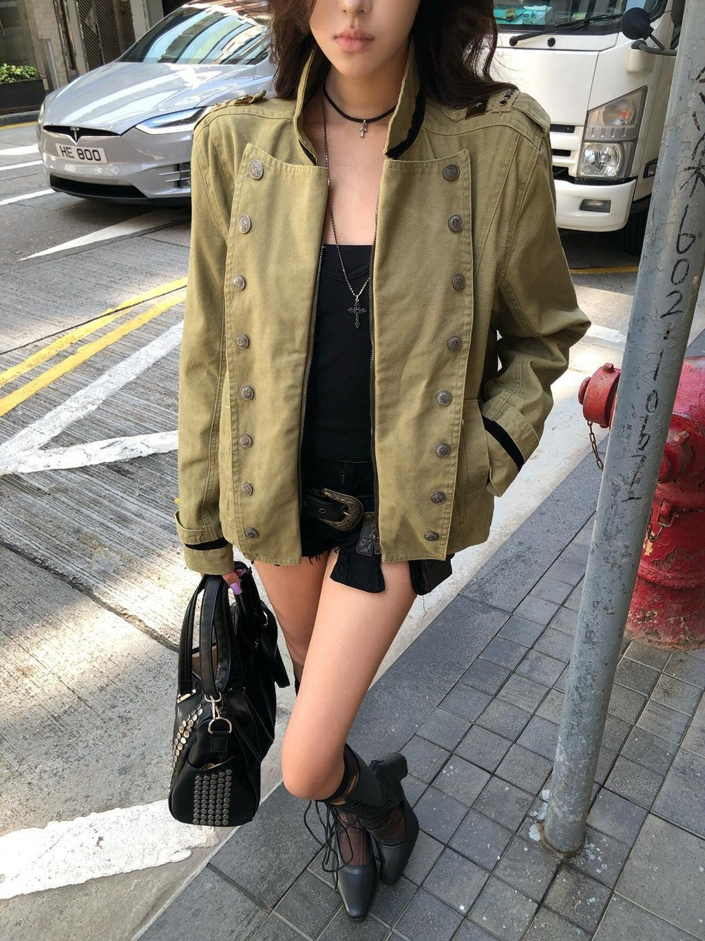 PoopyLii Vintage Epaulet Double Breasted Stand Collar Cotton Women's Utility Jackets