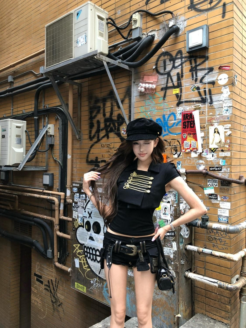 PoopyLii Vintage Napoleon Button Front Cropped Women's Combed Cotton Short Sleeve T-shirts