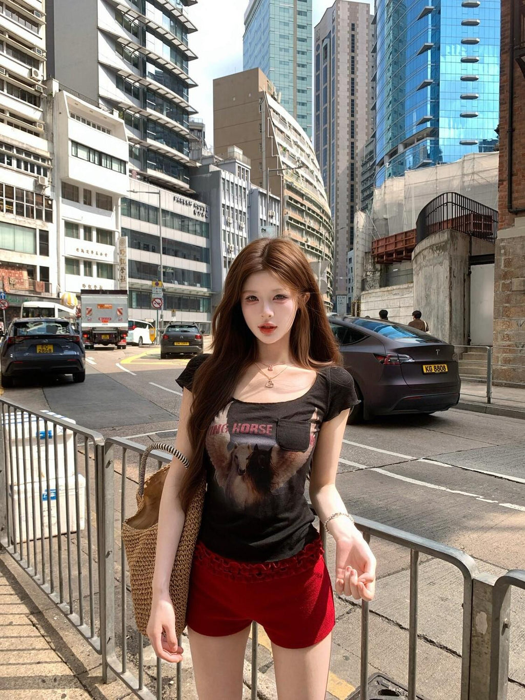 PoopyLii Vintage Pony Print Short Sleeve Cropped Women's Lightweight Slim T-shirts