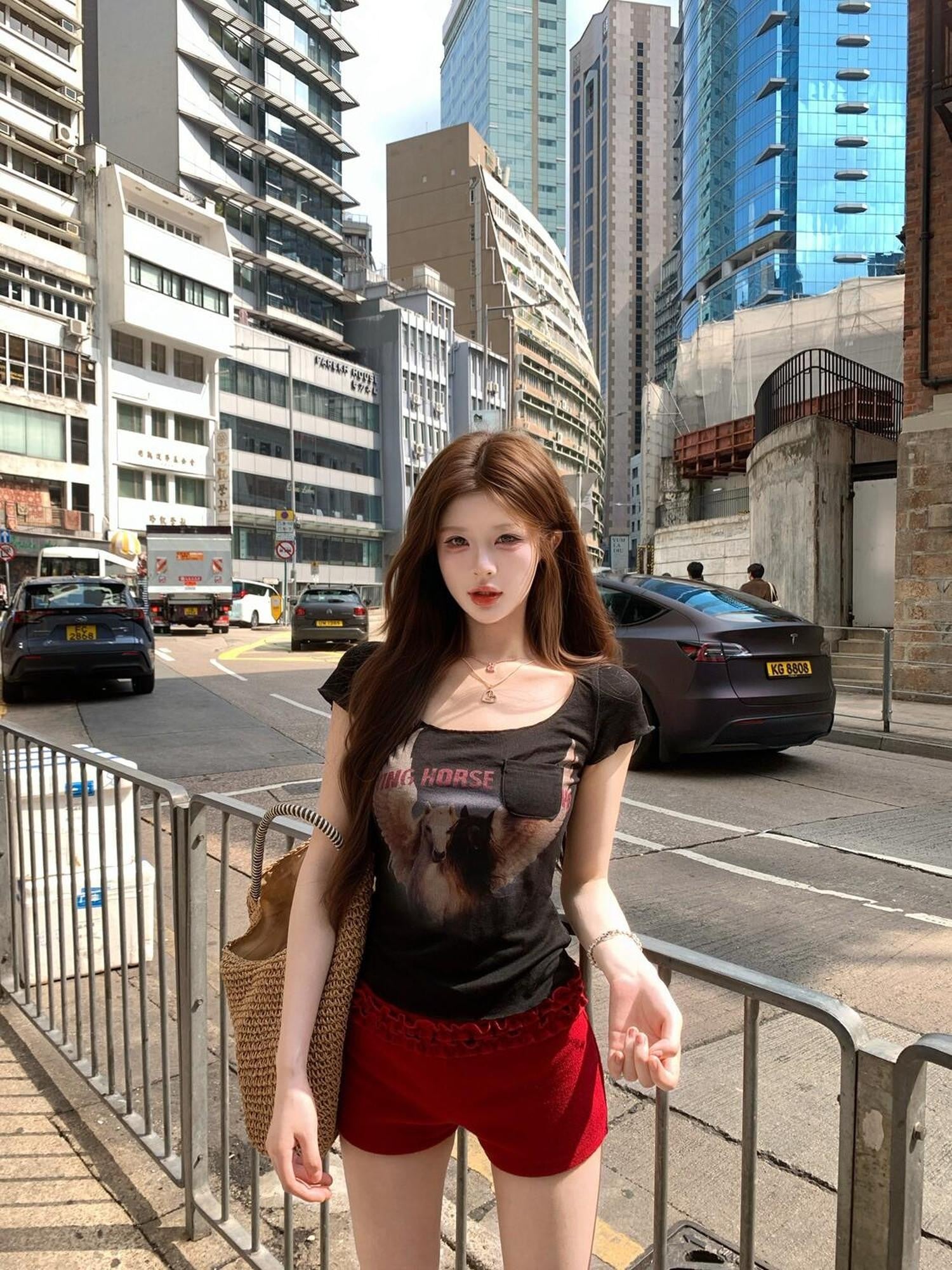 PoopyLii Vintage Pony Print Short Sleeve Cropped Women's Lightweight Slim T-shirts