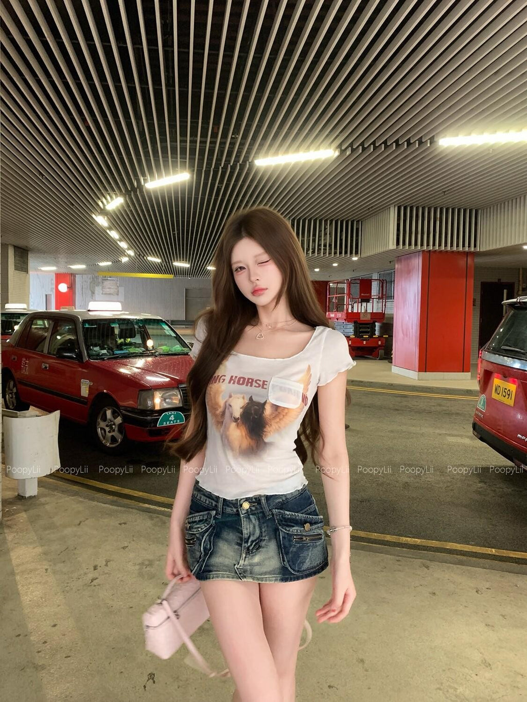 PoopyLii Vintage Pony Print Short Sleeve Cropped Women's Lightweight Slim T-shirts