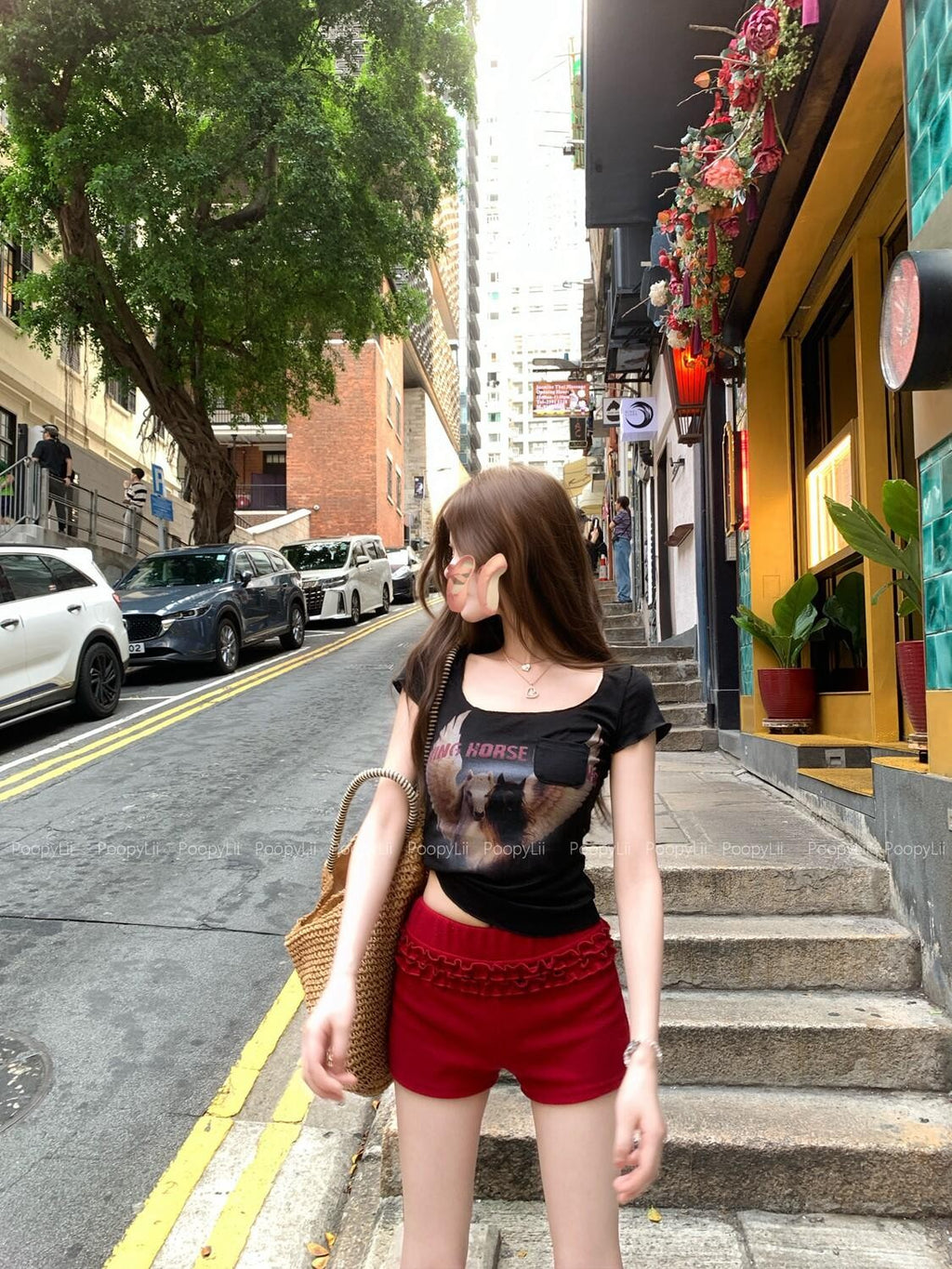 PoopyLii Vintage Pony Print Short Sleeve Cropped Women's Lightweight Slim T-shirts
