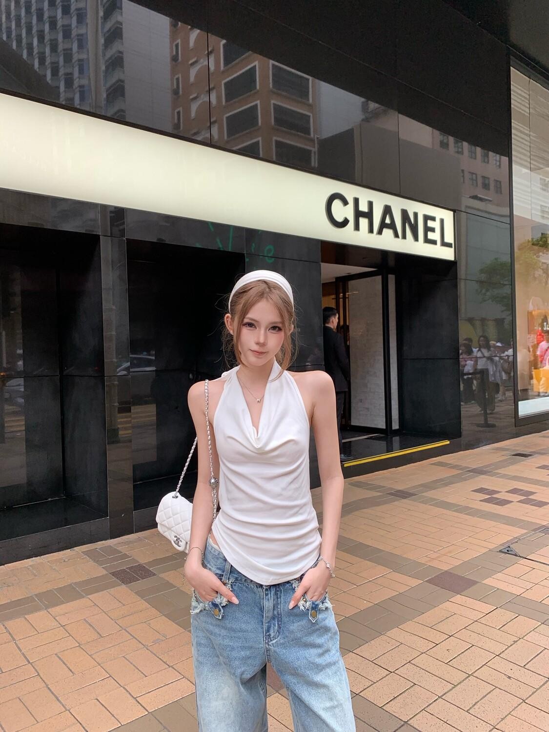 PoopyLii Vintage V-neck Draped Pleated Ruched Waist Women's Cotton Blend Halter Tops