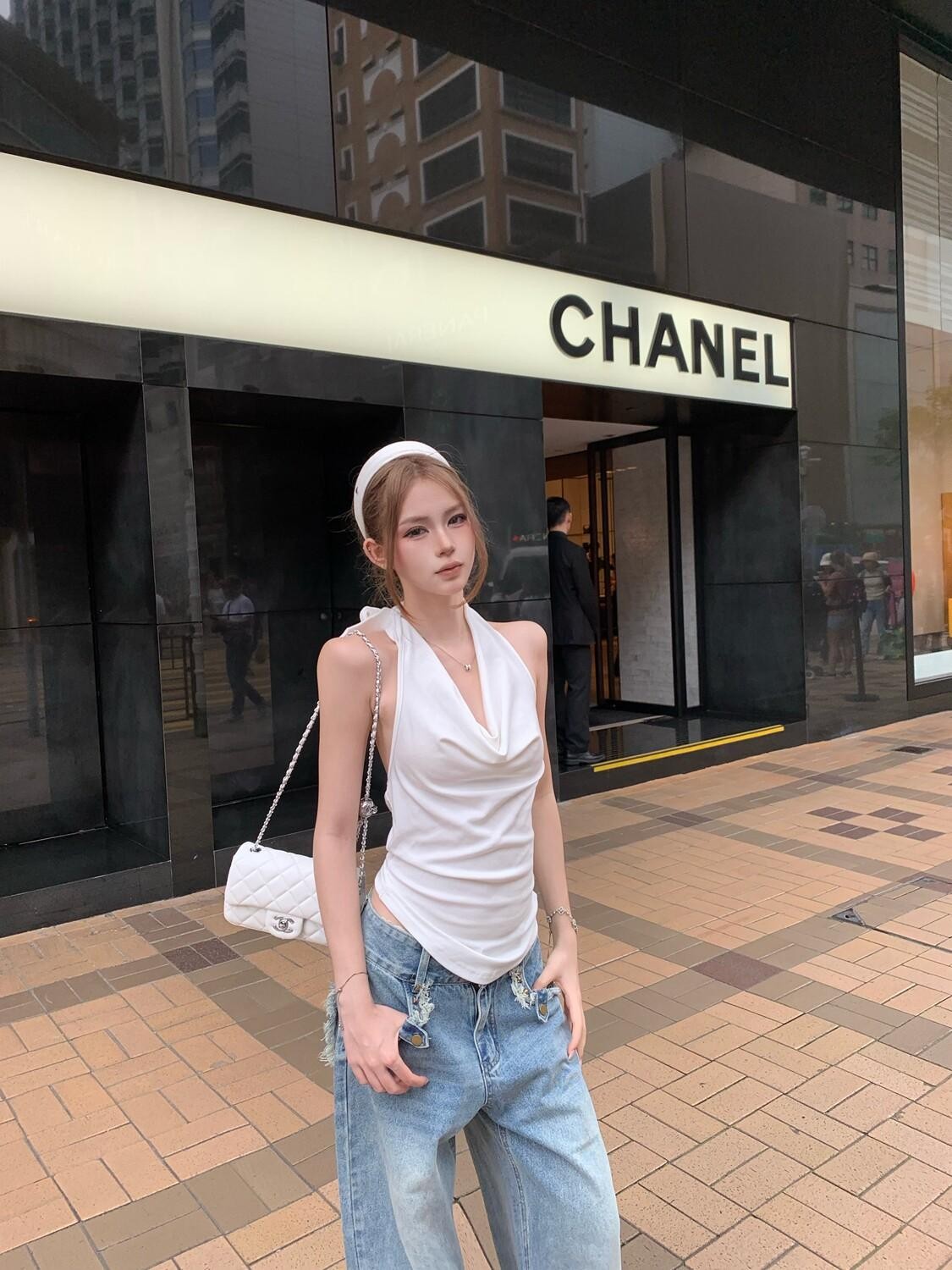 PoopyLii Vintage V-neck Draped Pleated Ruched Waist Women's Cotton Blend Halter Tops