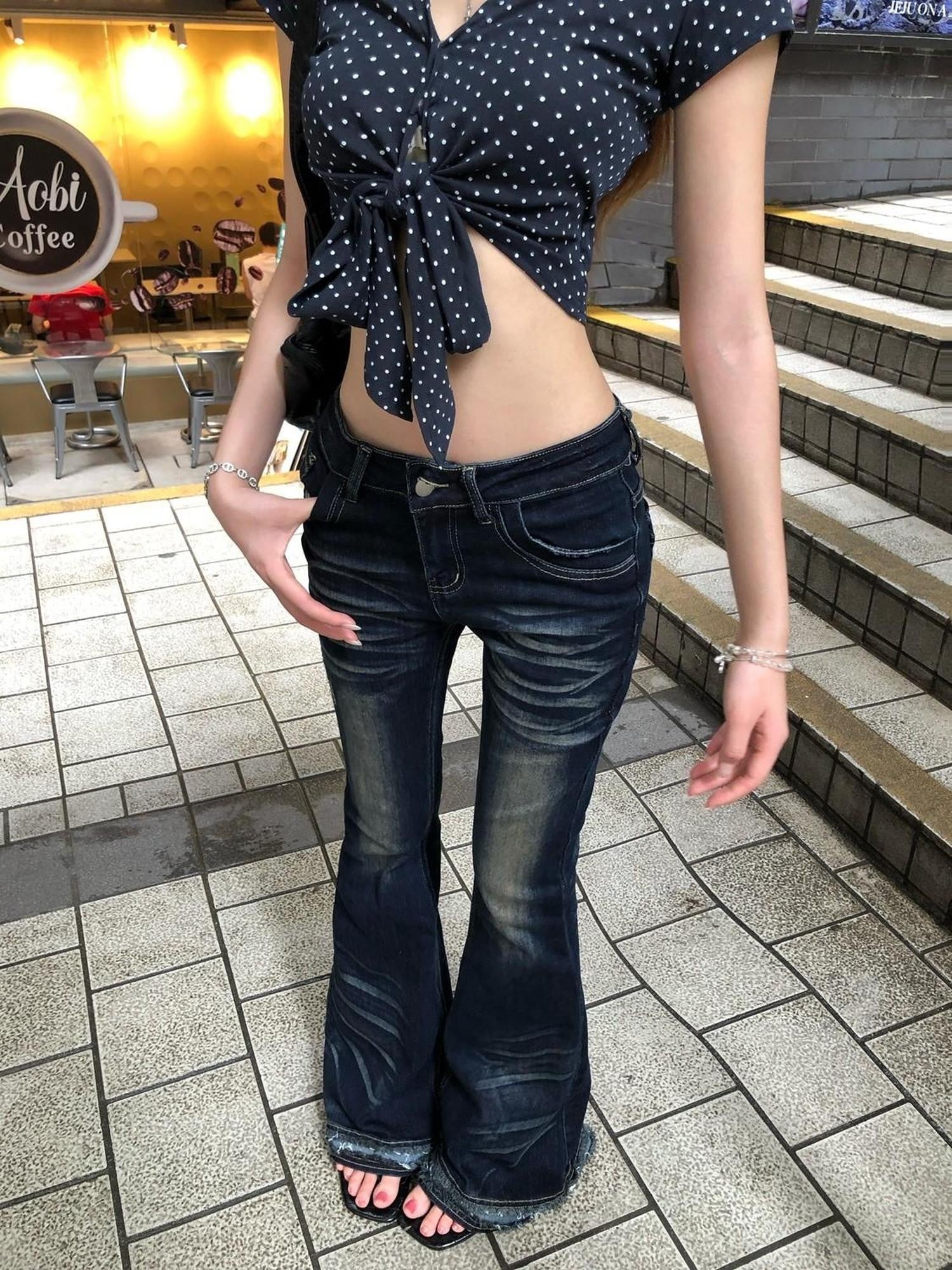 PoopyLii Vintage Washed Pleated Low Waist Slim Floor Length Women's Denim Flare Jeans