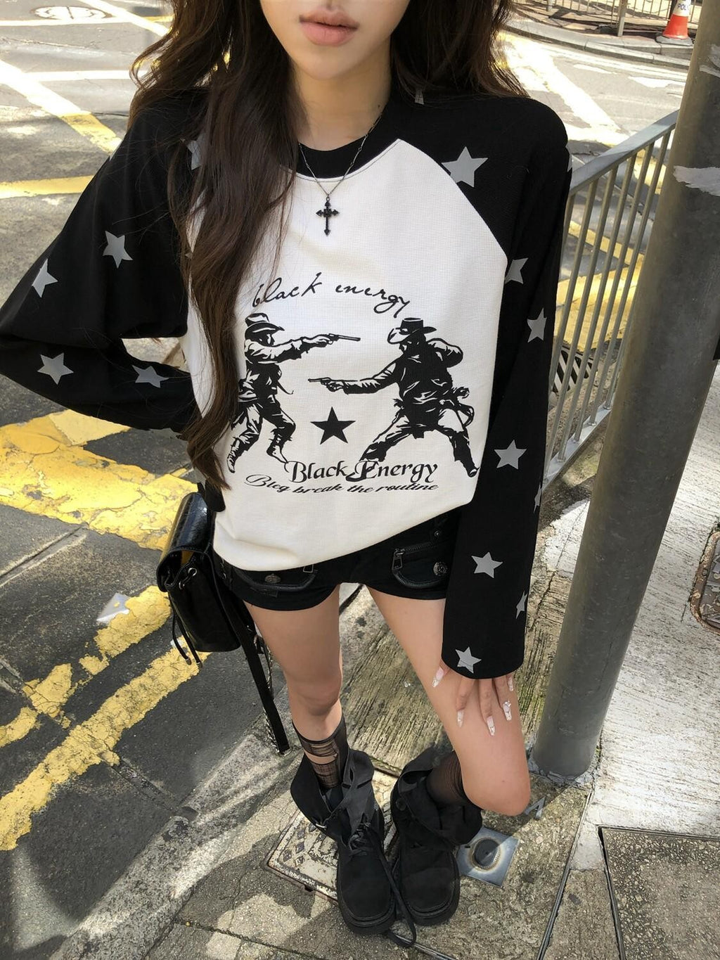 PoopyLii Waffle Star Print Contrast Raglan Hooded Women's Knitted Long Sleeve T-shirts