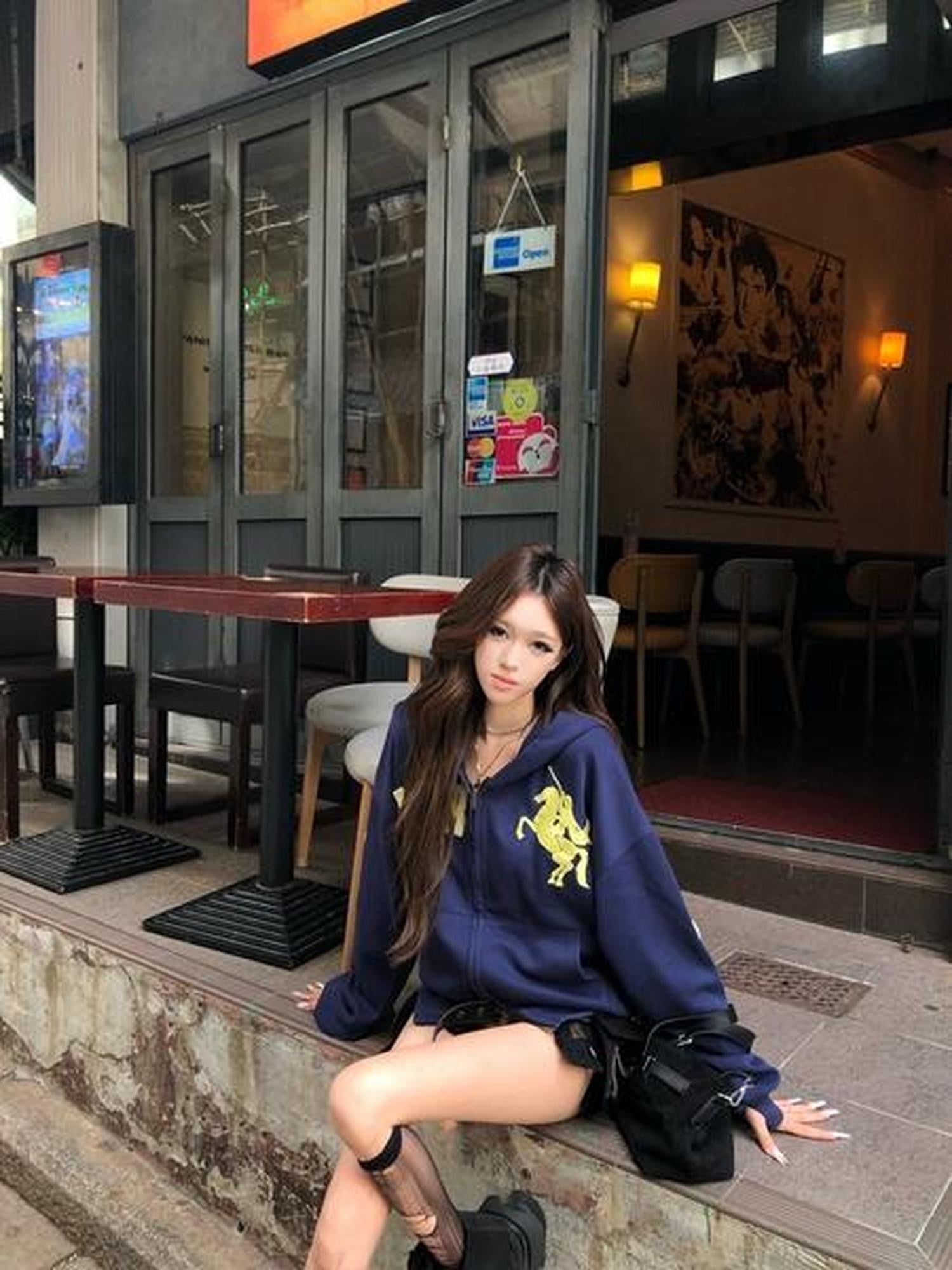PoopyLii Washed Indigo Dual Zipper Hooded Number Patch Cropped Women's Zip-up Hoodies