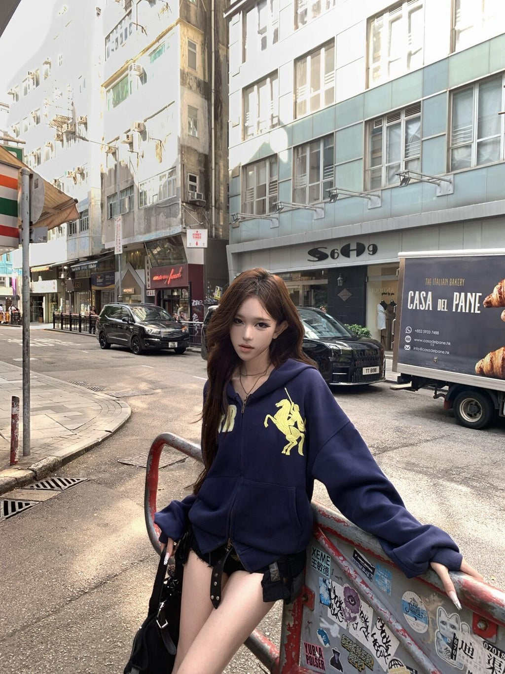 PoopyLii Washed Indigo Dual Zipper Hooded Number Patch Cropped Women's Zip-up Hoodies
