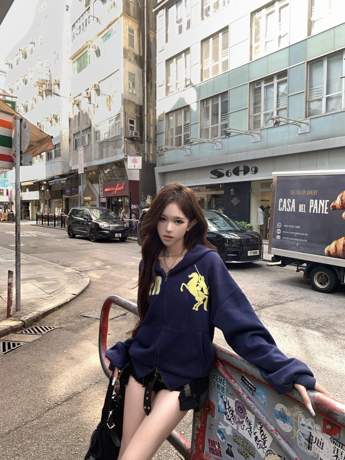 PoopyLii Washed Indigo Dual Zipper Hooded Number Patch Cropped Women's Zip-up Hoodies