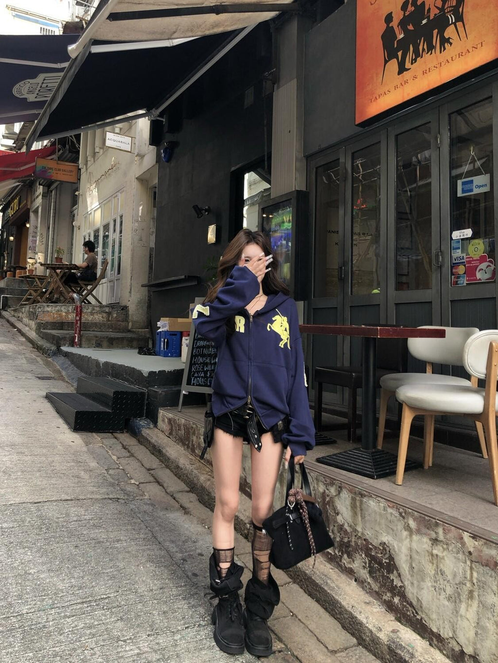 PoopyLii Washed Indigo Dual Zipper Hooded Number Patch Cropped Women's Zip-up Hoodies