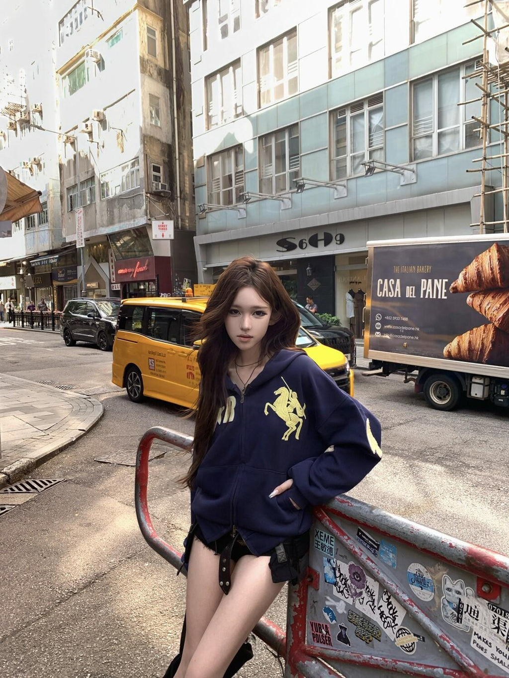 PoopyLii Washed Indigo Dual Zipper Hooded Number Patch Cropped Women's Zip-up Hoodies