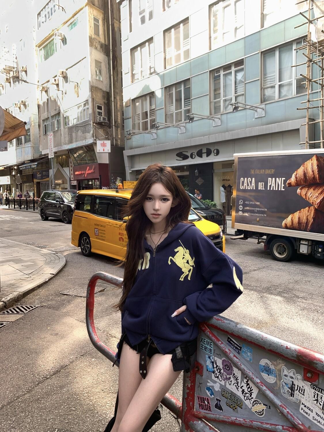 PoopyLii Washed Indigo Dual Zipper Hooded Number Patch Cropped Women's Zip-up Hoodies