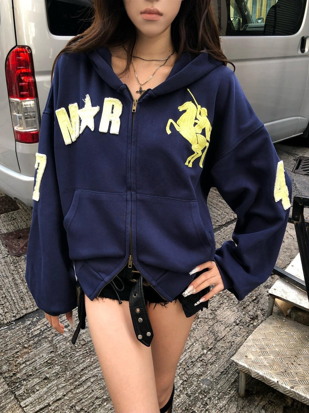 PoopyLii Washed Indigo Dual Zipper Hooded Number Patch Cropped Women's Zip-up Hoodies