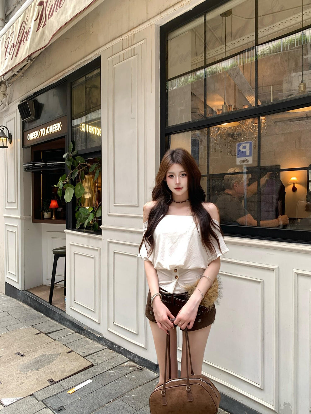PoopyLii White Buttoned Cinched Waist Bardot Women's Off-shoulder T-shirts