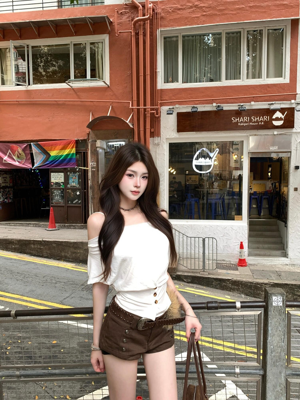 PoopyLii White Buttoned Cinched Waist Bardot Women's Off-shoulder T-shirts