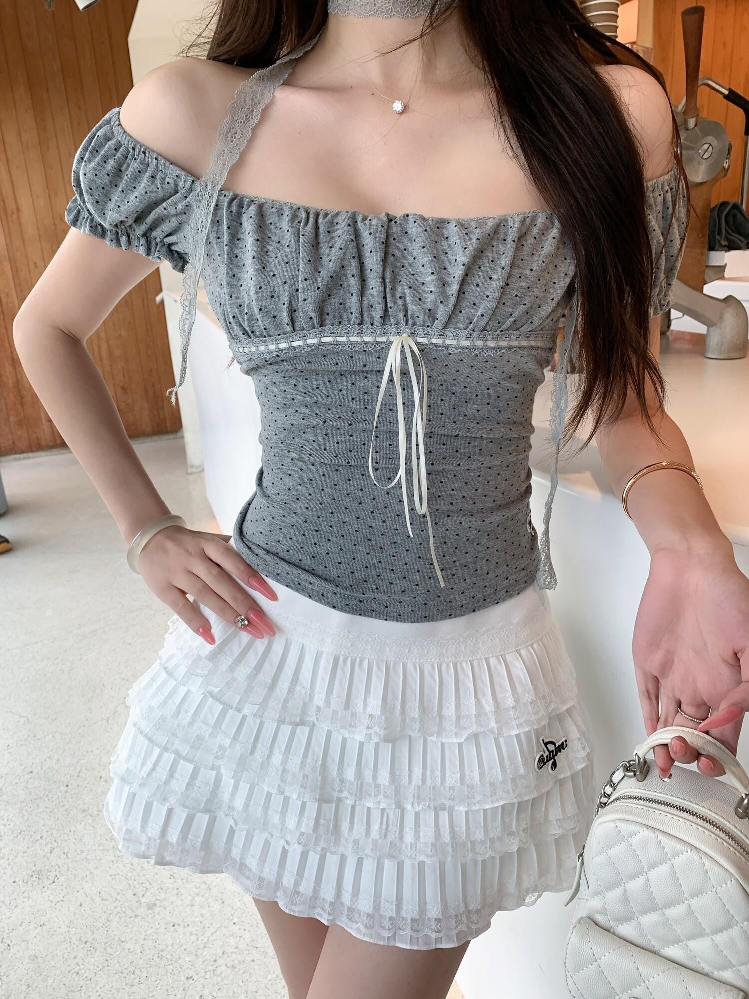PoopyLii White Lace Cake High Waist Fluffy Women's Cotton Blend Mini Skirts
