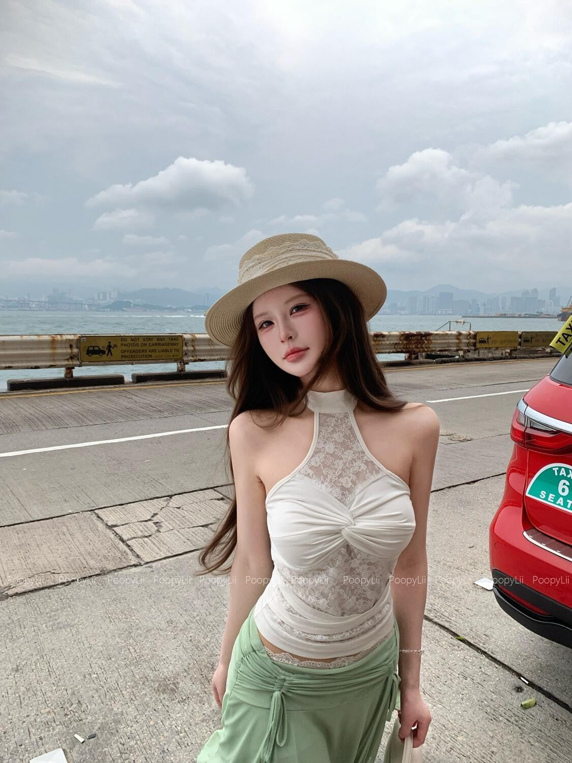 PoopyLii White Off Shoulder Lace Waist Cinch Slim Women's Halter Tops