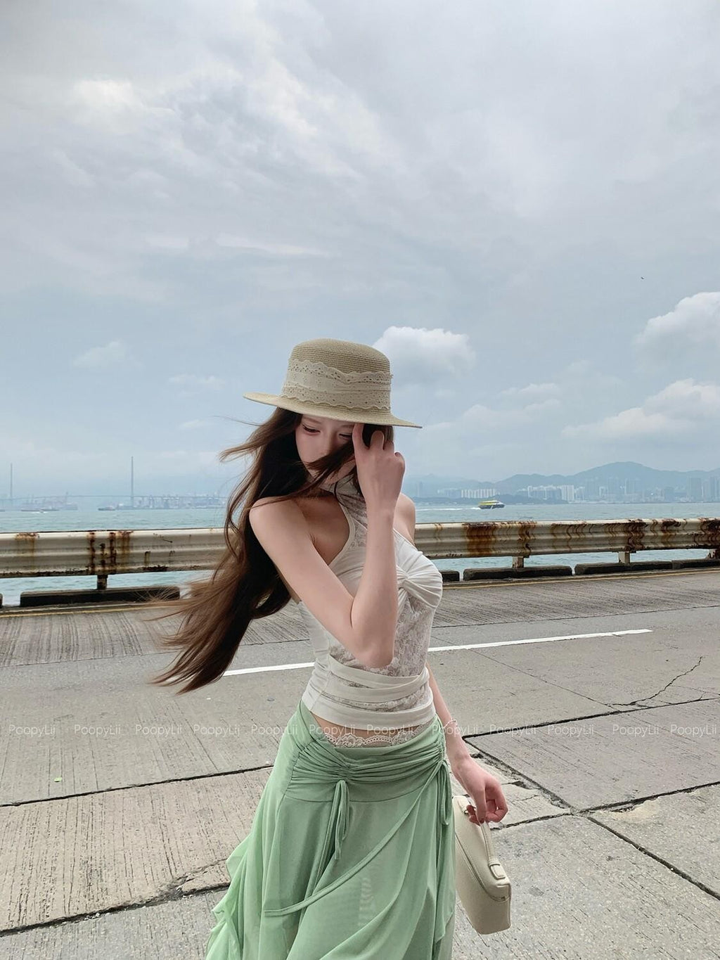 PoopyLii White Off Shoulder Lace Waist Cinch Slim Women's Halter Tops