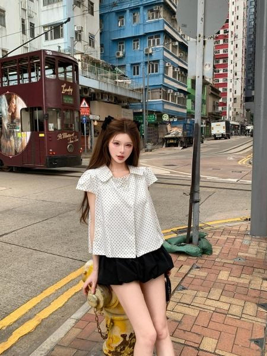 PoopyLii White Polka Dot Peter Pan Collar Printed Loose Fit Women's Polyester Blouses