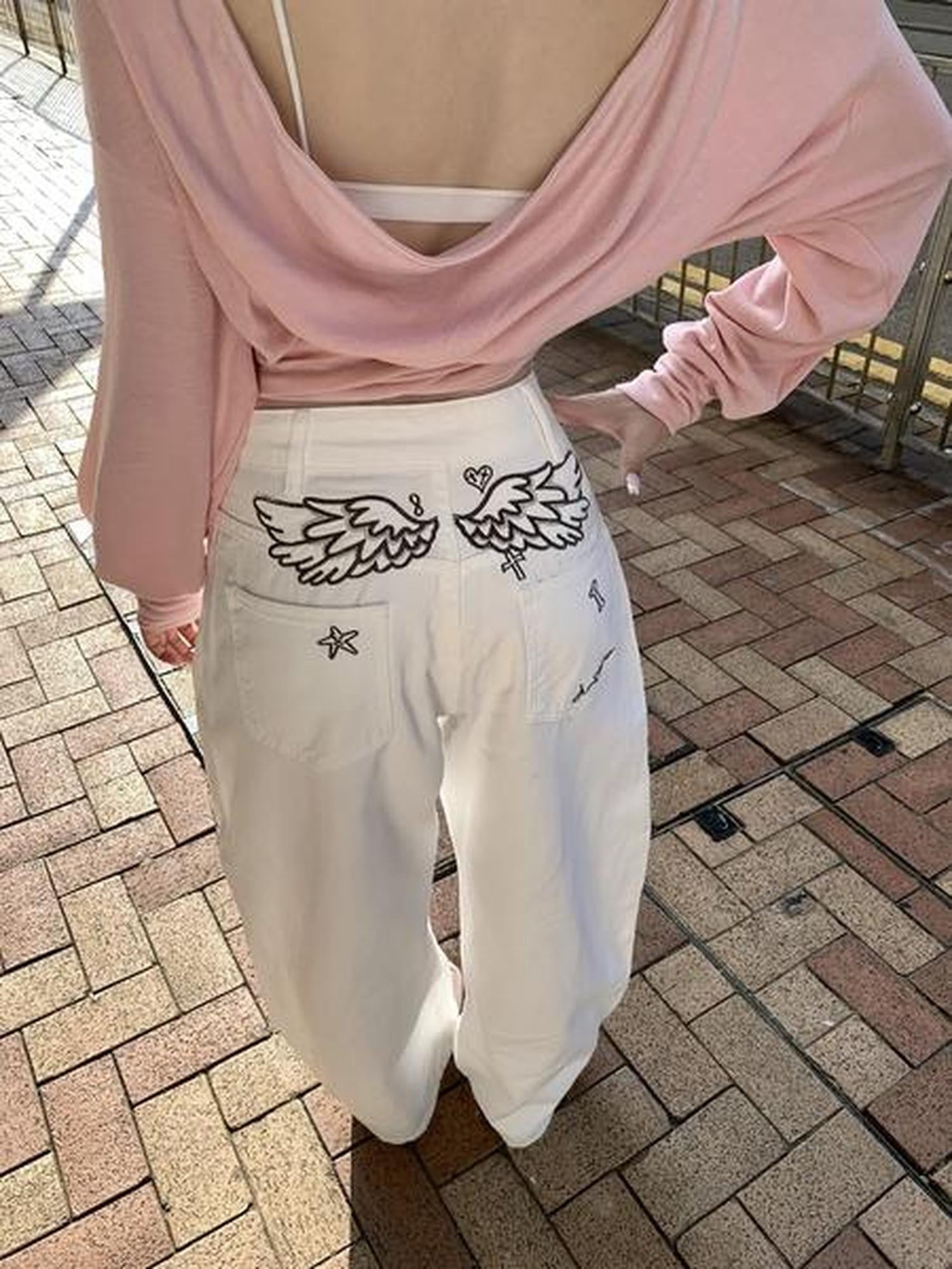 PoopyLii White Wing Embroidery Natural Waist Women's Denim Wide-leg Jeans