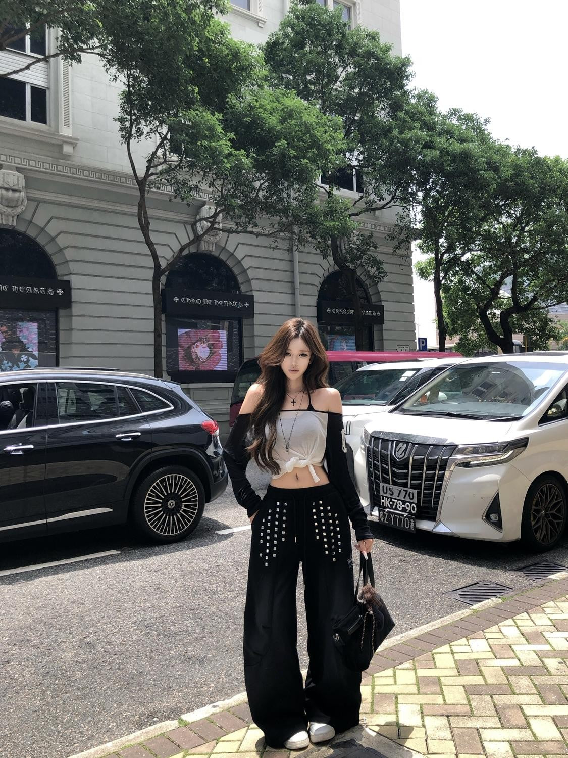 PoopyLii Y2k Colorblock Rhinestone Print Off Shoulder Women's Lyocell Casual Top & Pants Sets