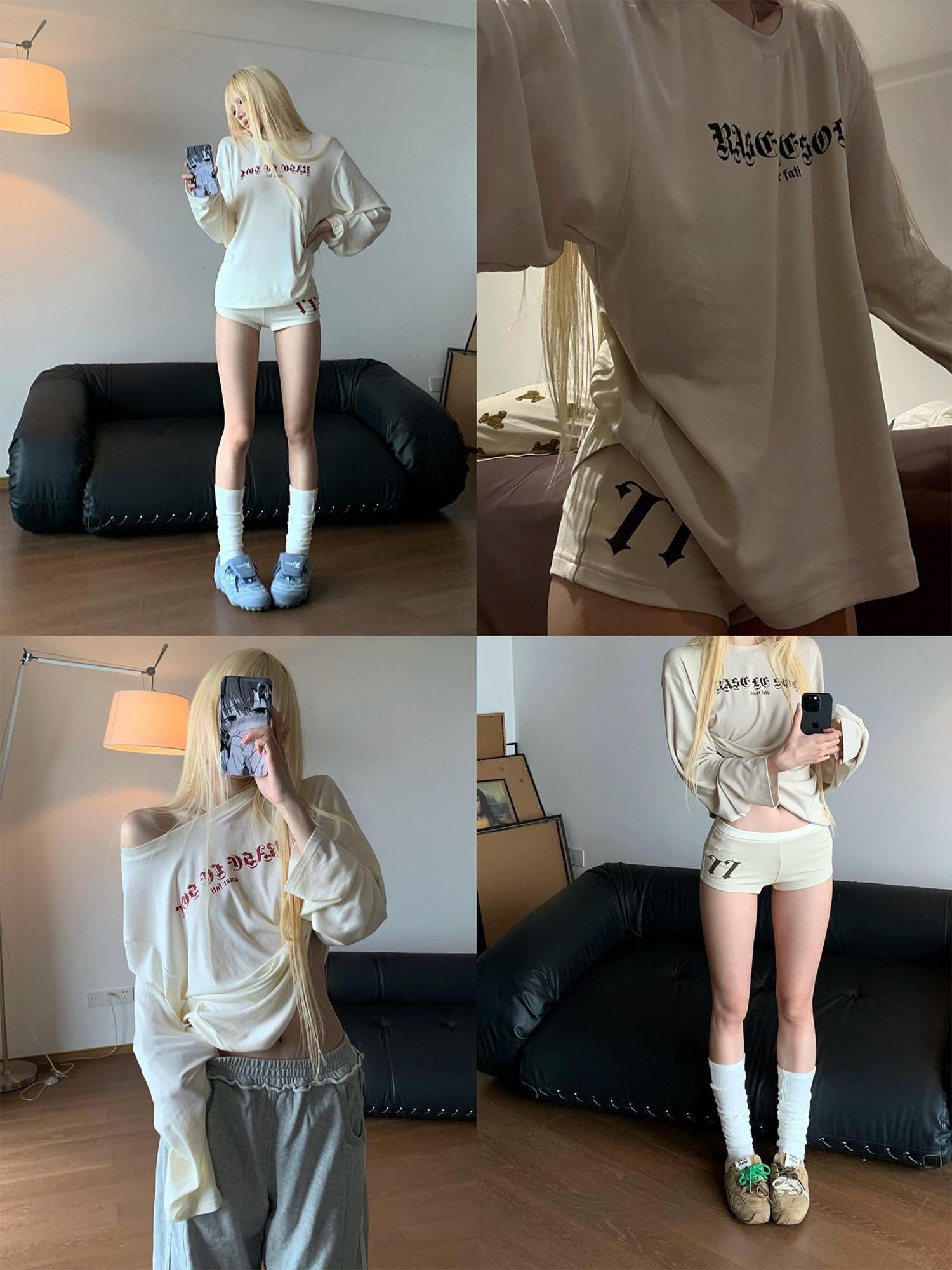 Rase le sol American Lounge Relaxed Long Sleeve Women's Casual Top & Shorts Sets