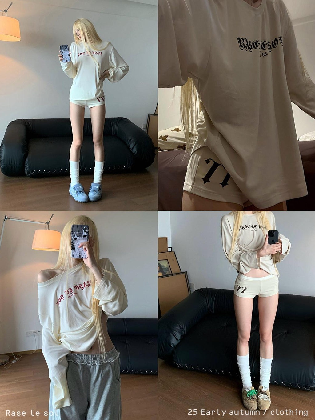 Rase le sol American Lounge Relaxed Long Sleeve Women's Casual Top & Shorts Sets