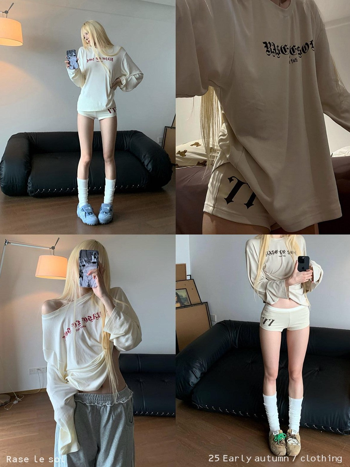 Rase le sol American Lounge Relaxed Long Sleeve Women's Casual Top & Shorts Sets