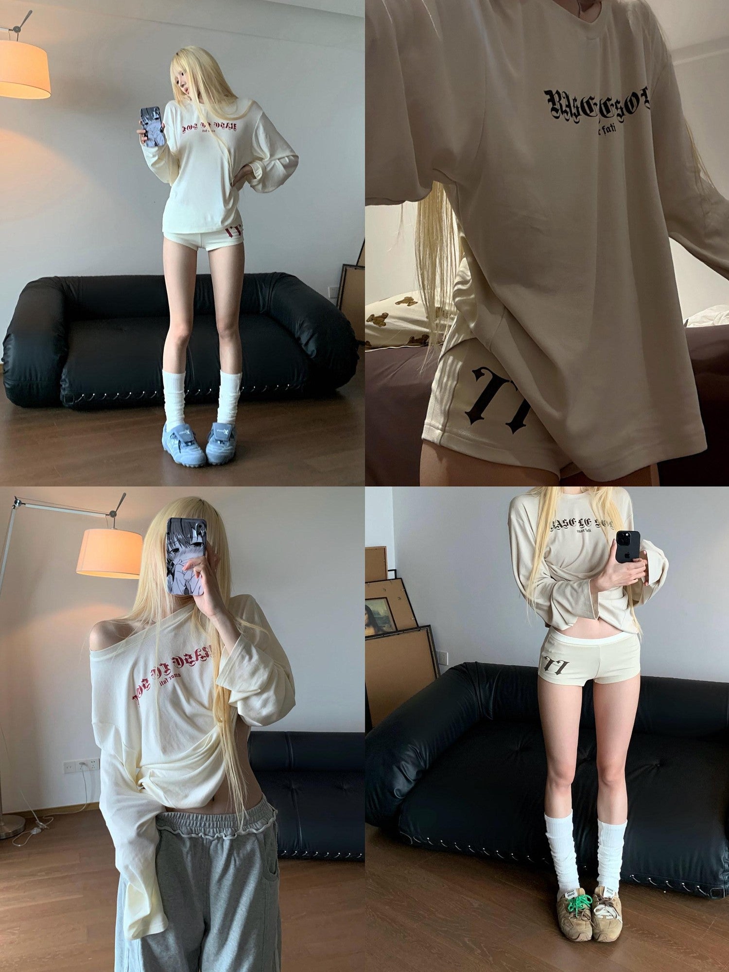 Rase le sol American Lounge Relaxed Long Sleeve Women's Casual Top & Shorts Sets