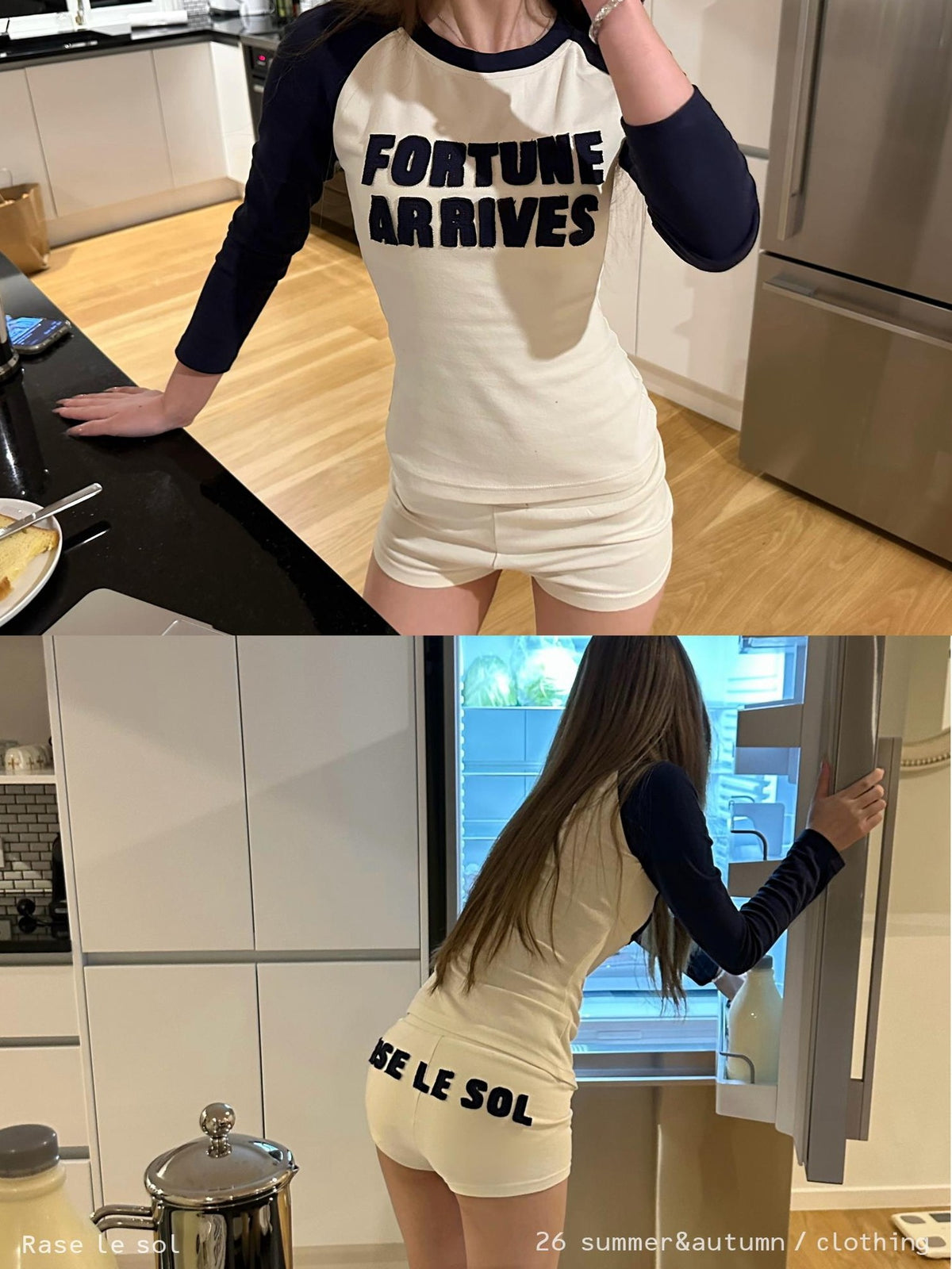 Rase le sol American Retro Letter Print Raglan Sleeve Women's Cotton Casual Top & Shorts Sets